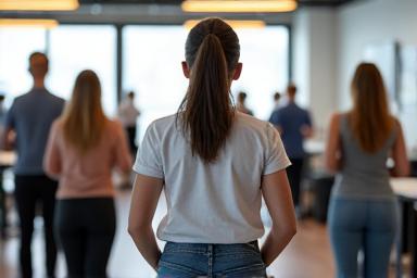 Ein Team macht im Büro gemeinsam Yoga-Übungen.