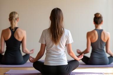 Eine Gruppe bei einer grundlegenden Hatha-Yoga-Stellung.
